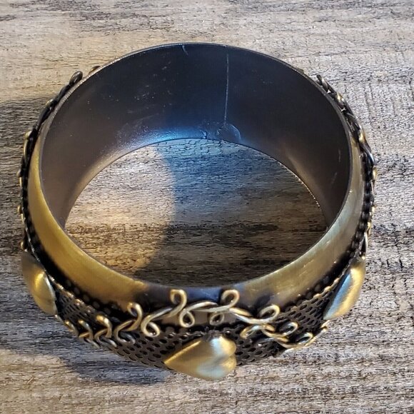 Vintage Y2K 90s Victorian Grunge Steampunk Bronze Hearts Metal Bangle Bracelet - Picture 4 of 12